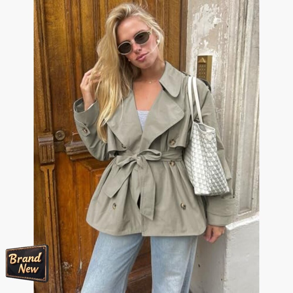 Cropped Trench Coat Women's Double Breasted Belted Jacket Cotton Mid-Length - Picture 3 of 7